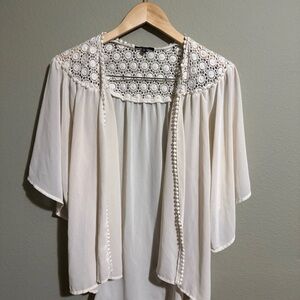 Womens Ivory Lace Crochet Yoke Blouse Sheer Chiffon Kimono Sleeve Boho Top Small